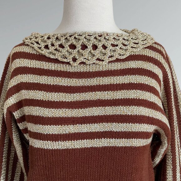 Vintage 70s 80s Gold Metallic Stripes & Brown Knit Crochet Collar Sweater - Picture 7 of 9